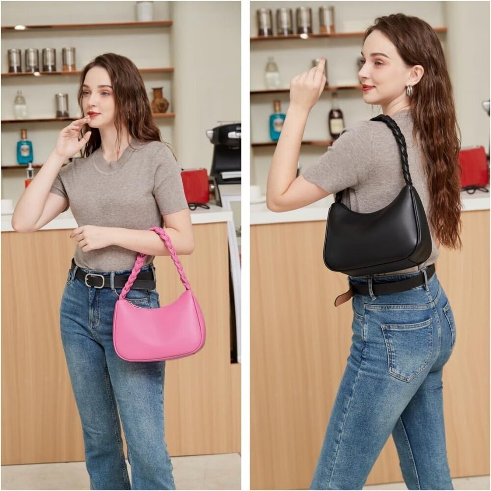 Women’s Braid Black Cute Hobo Tote Handbag Mini Clutch Purse with Zipper Closure - Picture 8 of 8